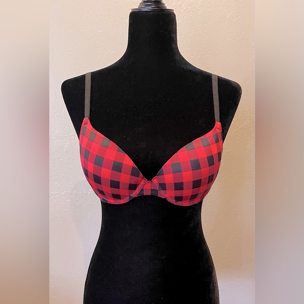 Pink by Victoria’s Secret, red and black checkered padded bra size 36B